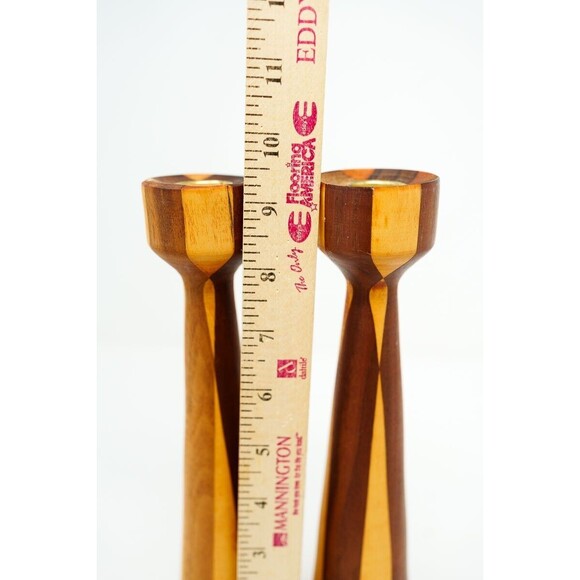 Set of 2 Vintage MCM two-tone wood Candlesticks pair 9.25" Mid-century Danish - Picture 6 of 6